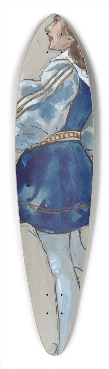 Plinio Codognato - A man stands facing away with hand upraised wearing a blue doublet, hose and a red hat 39.3 inch art pintail longboard deck