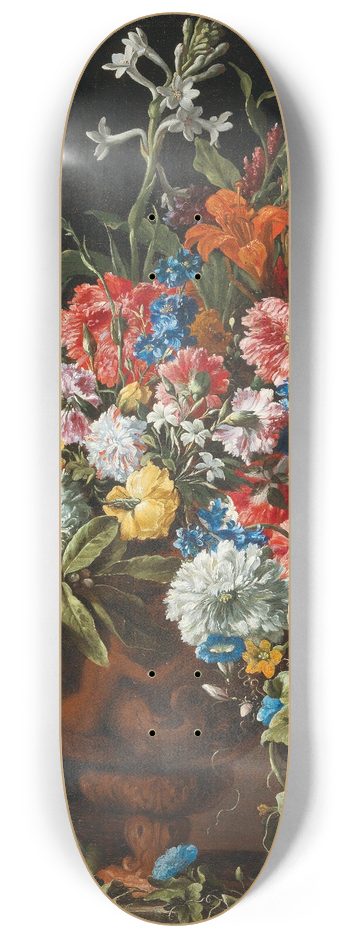 Abraham Brueghel - Carnations, lillies, nigellas and other flowers in a decorative terracotta vase on a stone ledge 8.25 inch art skate deck