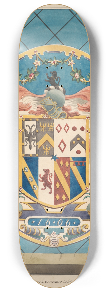 Daniel Lysons - Coat of Arms in Stained Glass Window behind the Pulpit form Hanworth Church 8.25 inch art skate deck