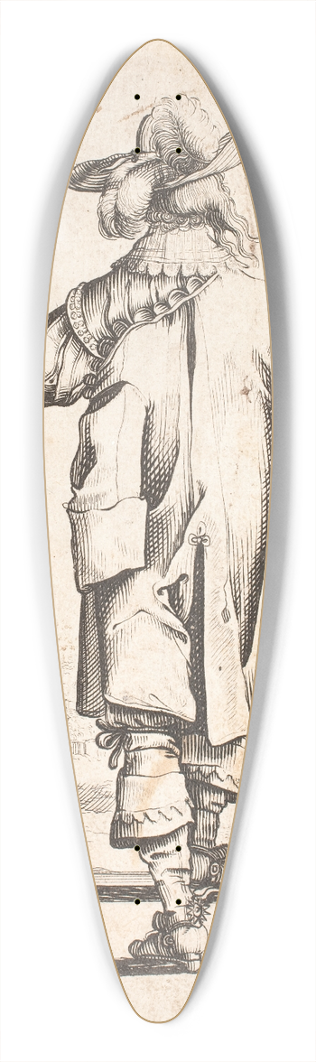 Salomon Savery - Gende, rygvendt, mand med fjerprydet har, gestikulerende med sin venstre hnd I baggrunden tv et muromkranset pal 39.3 inch art pintail longboard deck