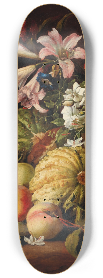 Abraham Brueghel - Lilies and other flowers in a glass vase with peaches and melons 8.25 inch art skate deck