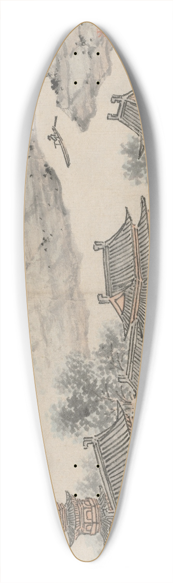 Shen Zhou - The Thousand Buddha Hall and the Pagoda of the Cloudy Cliff Monastery 39.3 inch art pintail longboard deck