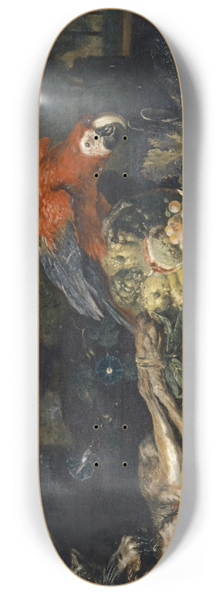 David de Coninck - Still Life With Game And Fruits, Parrot, Rabbit And Cat 8.25 inch art skate deck