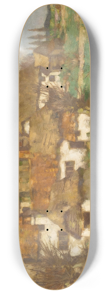 David Gauld - Church and farm cottages by a river 8.25 inch art skate deck