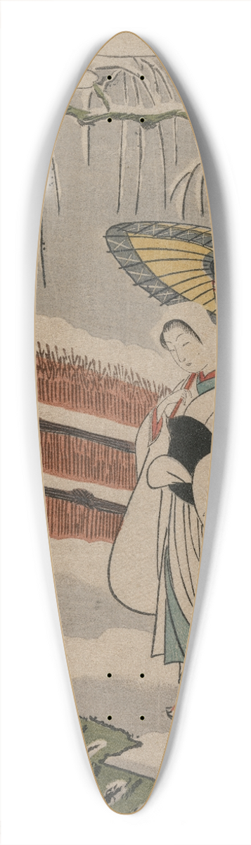 Suzuki Harunobu - The Heron Maiden Standing Beneath a Willow Tree 39.3 inch art pintail longboard deck