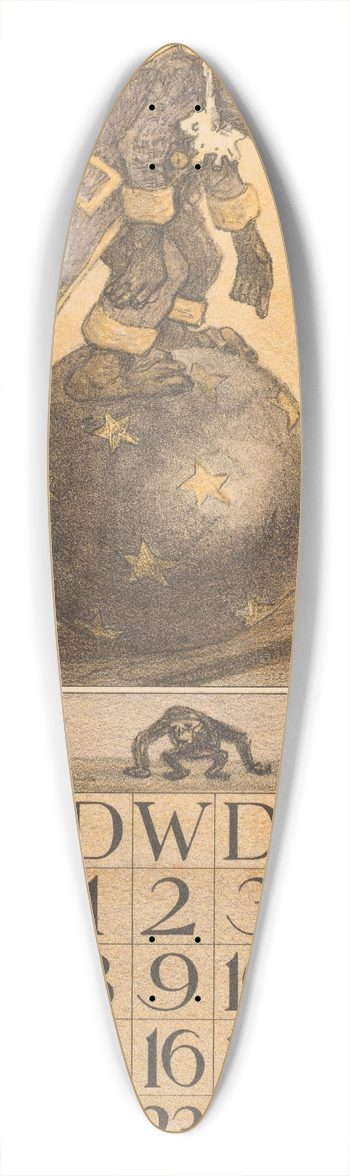 Theo van Hoytema - Kalenderblad februari met aap op een bal 39.3 inch art pintail longboard deck