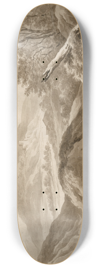 David Humbert de Superville - Mountainous landscape with a fisherman 8.25 inch art skate deck