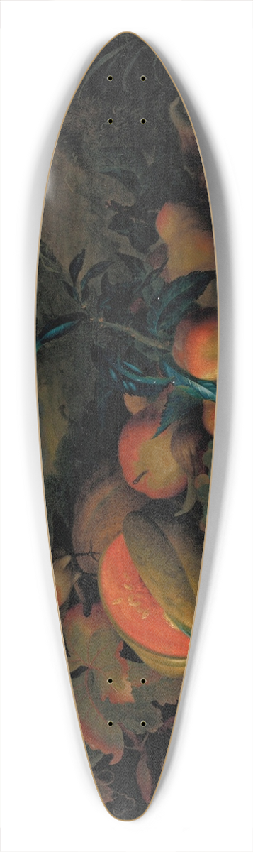 Tobias Stranover - A split melon, peaches, plums, grapes, apples and currants with a parrot and a bullfinch, a mountainous landscape beyond 39.3 inch art pintail longboard deck