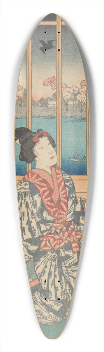 Toyokuni Utagawa - Woman Holding Bowl and Tray before Window (cherry trees blooming outside) 39.3 inch art pintail longboard deck