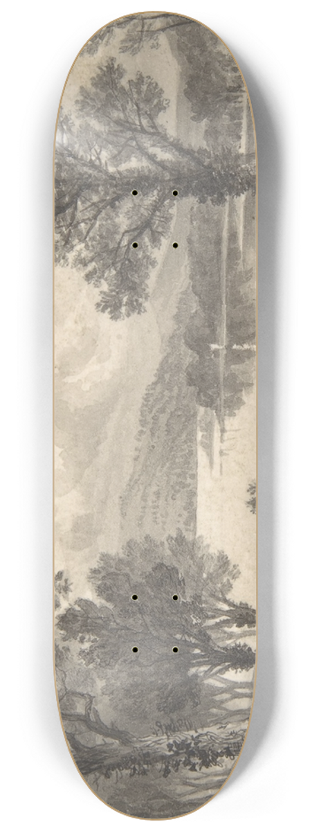 David Octavius Hill - View of a lake or river with a sailboat 8.25 inch art skate deck