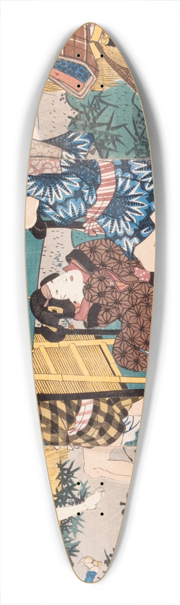 Utagawa Kunisada (Toyokuni III) - Act V of series The Storehouse of Loyal Retainers, a Primer, with the characters Hayano Kanpei (Shigenji), his wife Okaru, Onosada Kur and Farmer Yoichibei 39.3 inch art pintail longboard deck