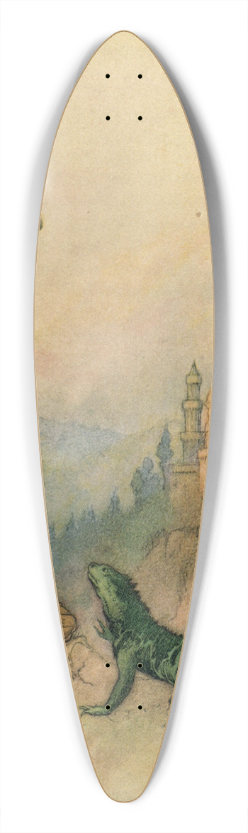 Warwick Goble - The Lizard showing Goat-Face the Palace 39.3 inch art pintail longboard deck