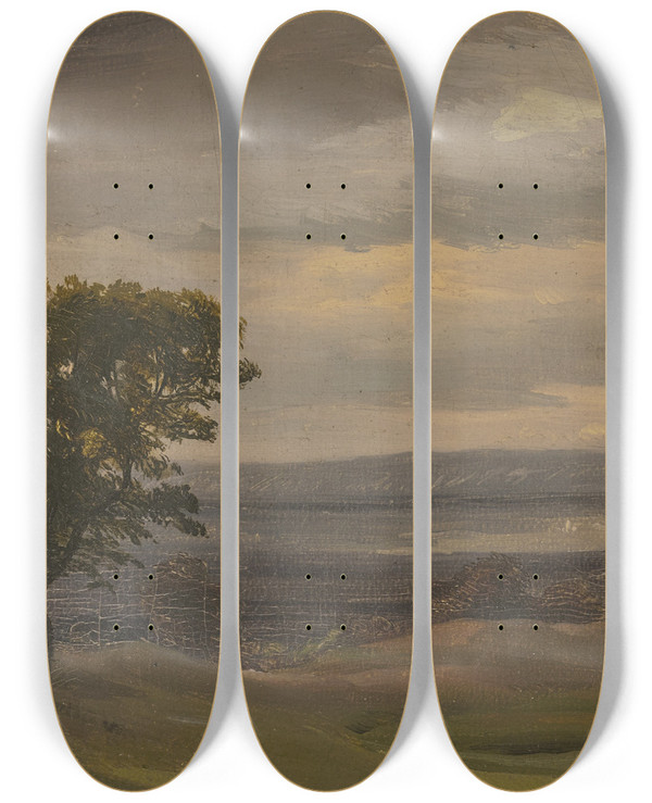 Triptych art skateboard deck of Jakob Becker Evening Meadow Landscape by Jakob Becker (1810-1872)