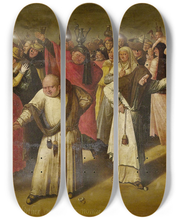 Triptych art skateboard deck of Manner Of Hieronymus Bosch Battle Between Carnival And Lent by Manner Of Hieronymus Bosch (1450-1516)