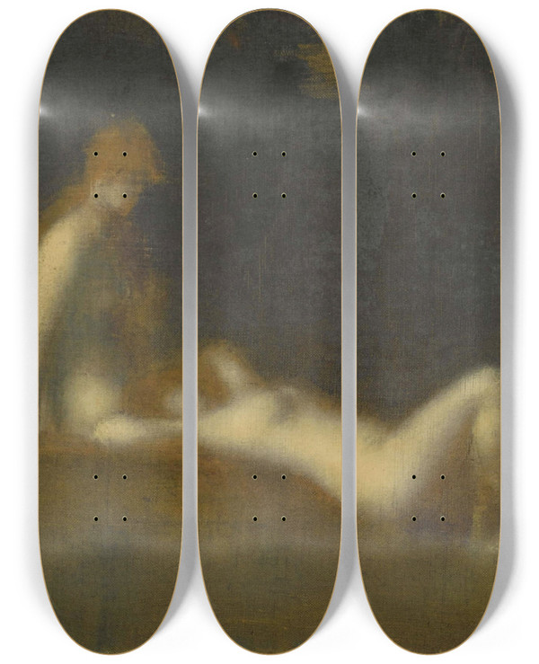 Triptych art skateboard deck of Jeanjacques Henner Nymphes La Sortie Du Bain by Jean-Jacques Henner (1829-1905)