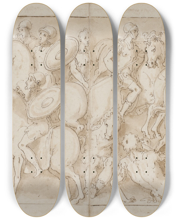 Triptych art skateboard deck of Giovanni Guerra En Soldat Germanske Ryttere Fres Til Marcus Aurelius P Hesteryg Sarmaterne Drives P Flugt Af Romere Pbegyndelsen Af En Romersk March Med Dets Flge by Giovanni Guerra (1544-1618)