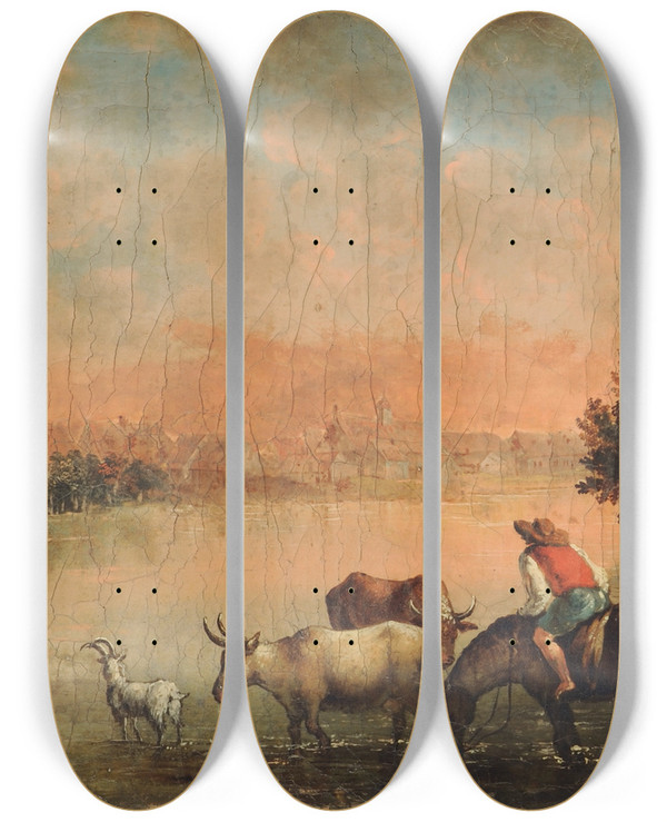 Triptych art skateboard deck of Franz Feyerabend Landscape In The Evening by Franz Feyerabend (1755-1800)
