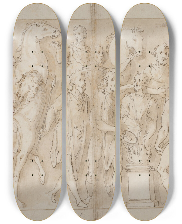 Triptych art skateboard deck of Giovanni Guerra Tilfangetagne Kvinder Fres Bort Livvagternes Optog Marcus Aurelius Ofrer Ved Et Alter Marcus Aurelius Betragter Et Angreb by Giovanni Guerra (1544-1618)