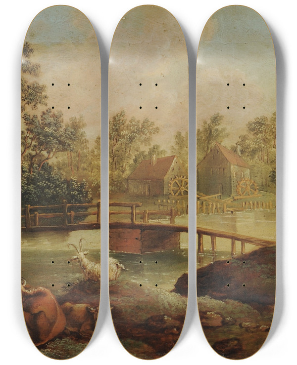 Triptych art skateboard deck of Franz Feyerabend Landscape In The Morning by Franz Feyerabend (1755-1800)