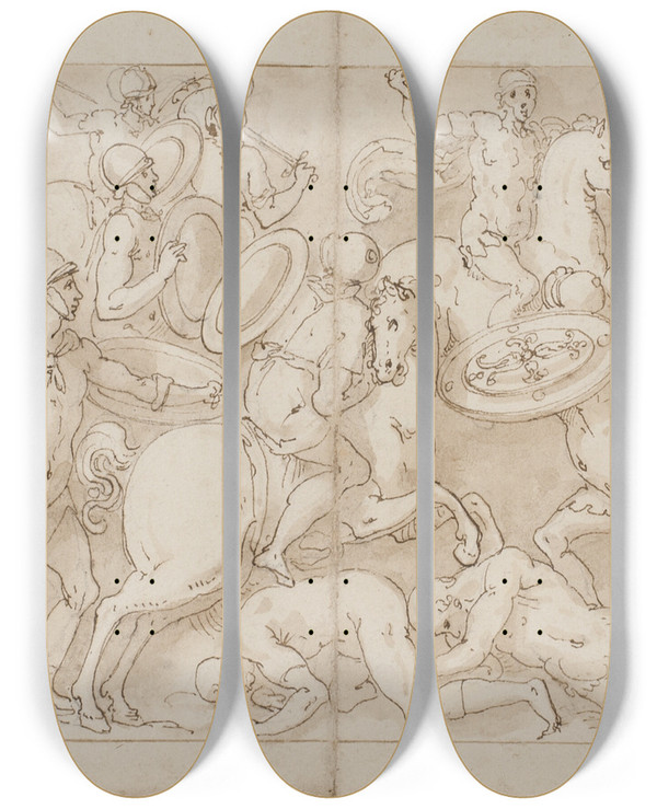 Triptych art skateboard deck of Giovanni Guerra Germanske Flygtninge Overgiver Sig Til Kejseren Romerne Indleder Et Vellykket Angreb Marcus Aurelius Modtager En Udenlandsk Hvding by Giovanni Guerra (1544-1618)