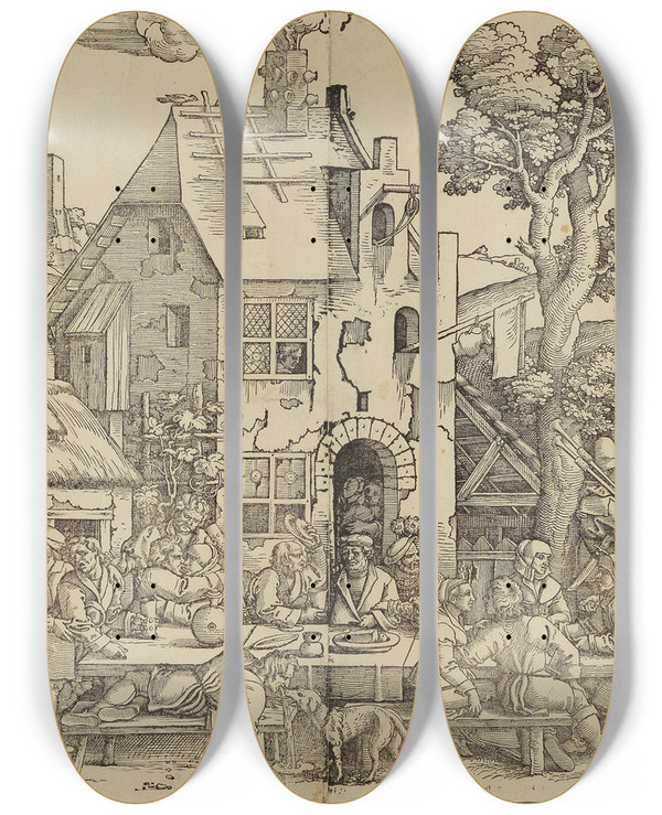 Triptych art skateboard deck of Sebald Beham Das Grosse Kirchweihfest In Vier Teilen by Sebald Beham (1500-1550)
