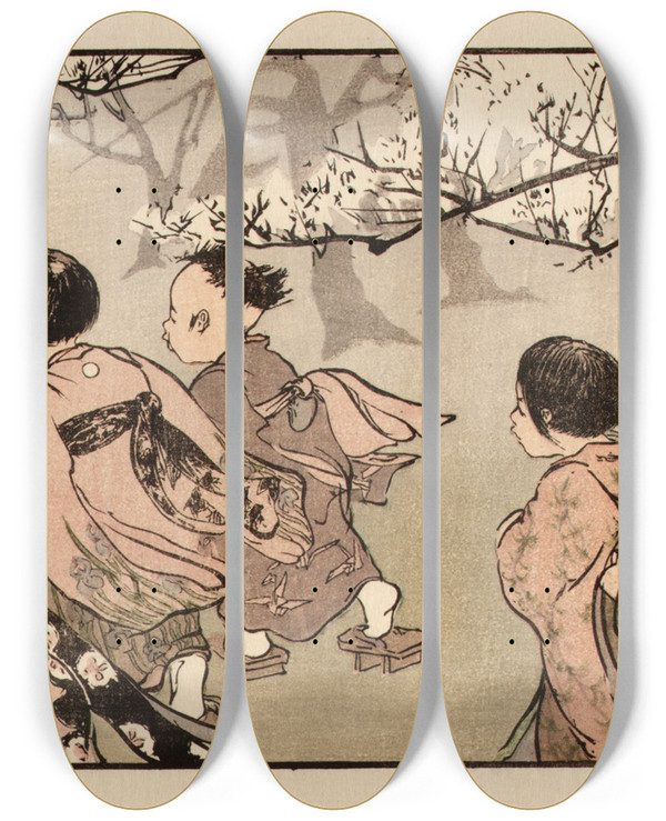Triptych art skateboard deck of Helen Hyde The Chase by Helen Hyde (1868-1919)
