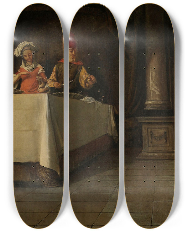 Triptych art skateboard deck of Barent Fabritius Lazarus And The Rich Man by Barent Fabritius (1624-1673)