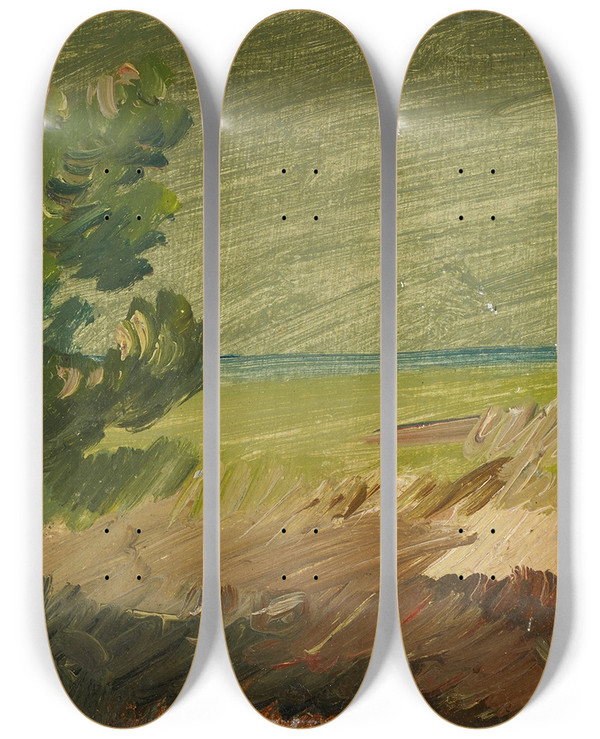 Triptych art skateboard deck of Wilhelm Busch Niederschsische Landschaft by Wilhelm Busch (1832-1908)