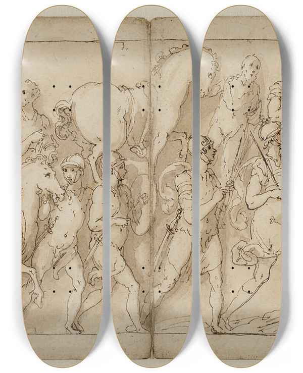 Triptych art skateboard deck of Giovanni Guerra De Belejrede Romere Modtager Forstrkninger Fra Den Anden Side Romerne P March Med Kejseren Bde Med Skjolde Trkkes Over En Bro I Oksekrrer by Giovanni Guerra (1544-1618)