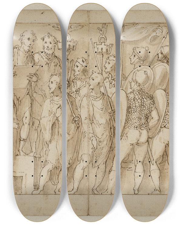 Triptych art skateboard deck of Giovanni Guerra Romerne Angriber En Germansk Fstning Tale For Tropperne Ved Afslutningen P Den Germanske Krig Victoria Omgivet Af Krigsbytte Nedskriver Roms Sejr P Et Skjold by Giovanni Guerra (1544-1618)