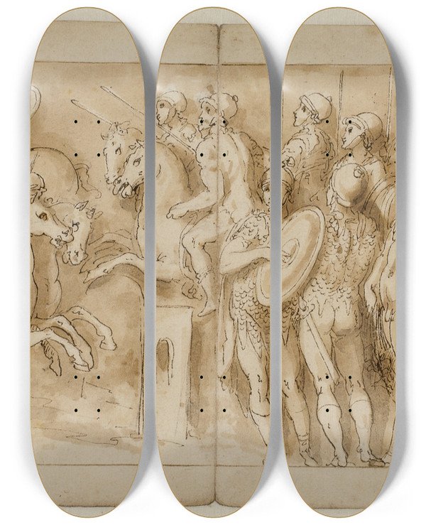 Triptych art skateboard deck of Giovanni Guerra Sarmatere Fremfrt For Det Kejserlige Rd Marcus Aurelius Og Pompejus P Hesteryg Omgivet Af Vagter Betragter Et Mindre Opgr Germanske Adelsmnd Overbringer En Meddelelse by Giovanni Guerra (1544-1618)