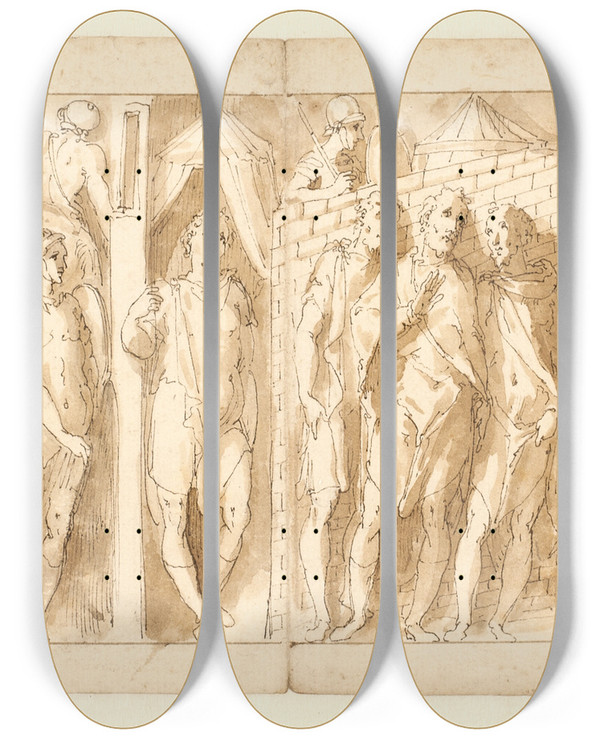 Triptych art skateboard deck of Giovanni Guerra Kamp Mellem Romere Og Sarmatere Marcus Aurelius Taler Med To Ledsagere Uden For Lejren Indskibning Og Passage by Giovanni Guerra (1544-1618)