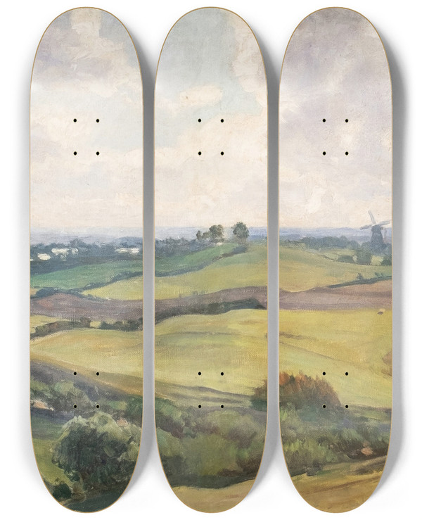 Triptych art skateboard deck of Fritz Von Wille View In The Valley Near Brekendorf by Fritz Von Wille (1860-1941)