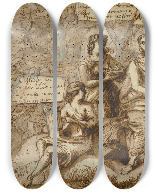 Triptych art skateboard deck of Claude Lorrain Apollo And The Muses by Claude Lorrain (1604-1682)