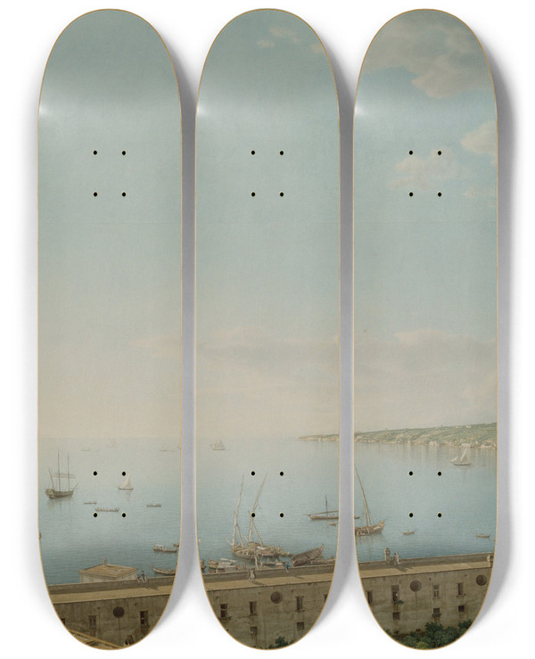 Triptych art skateboard deck of Giovanni Battista Lusieri A View Of The Bay Of Naples Looking Southwest From The Pizzofalcone Toward Capo Di Posilippo by Giovanni Battista Lusieri (1755-1821)