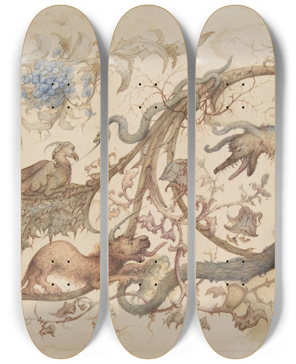 Triptych art skateboard deck of Gustave Moreau Allegory Of Vices by Gustave Moreau (1826-1898)