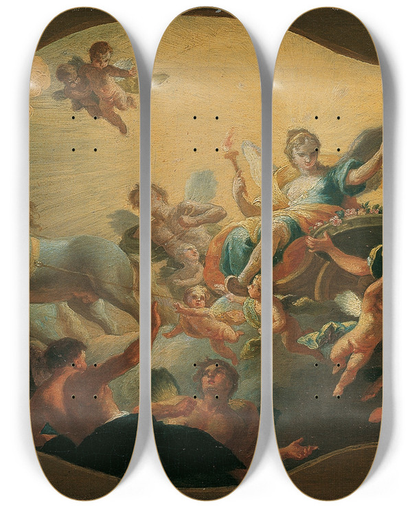 Triptych art skateboard deck of Daniel Gran Allegorie Des Morgens Aurora Im Triumphwagen by Daniel Gran (1694-1694)