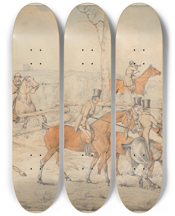 Triptych art skateboard deck of Henry Thomas Alken Foxhunting The Start by Henry Thomas Alken (1785-1851)