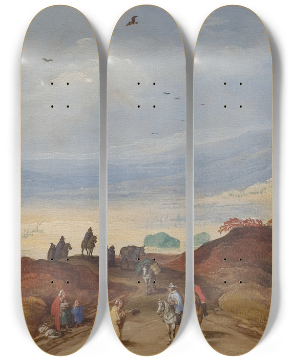 Triptych art skateboard deck of Joos De Momper Mountain Landscape With A Lake by Joos de Momper (1564-1634)