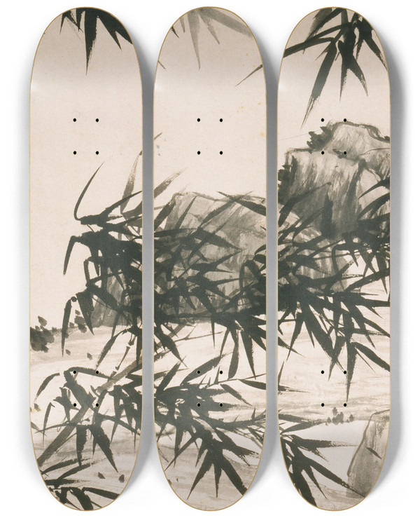 Triptych art skateboard deck of Xia Chang Bamboo Under Spring Rain by Xia Chang (1388-1470)
