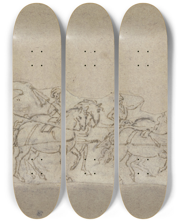 Triptych art skateboard deck of Jacques Callot Sixhorse Carriage by Jacques Callot (1592-1635)