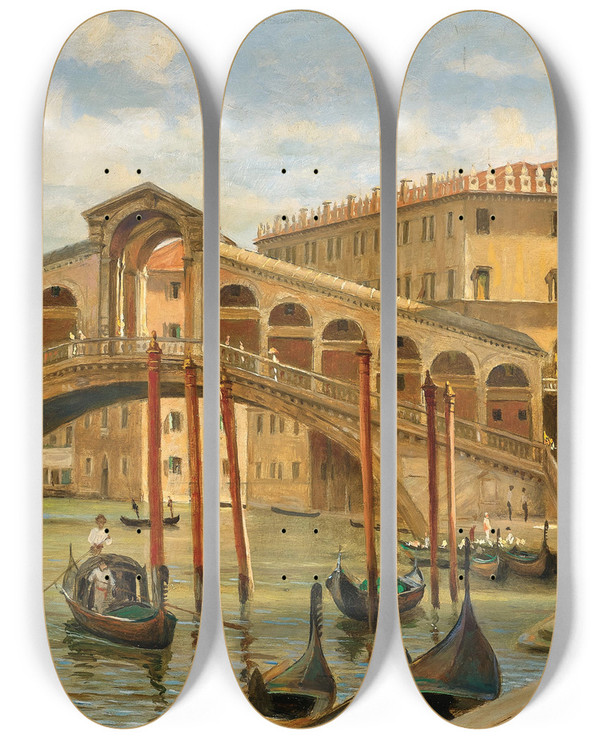 Triptych art skateboard deck of Luigi Ferrazzi Venice View Of The Rialto Bridge by Luigi Ferrazzi (1850-1897)