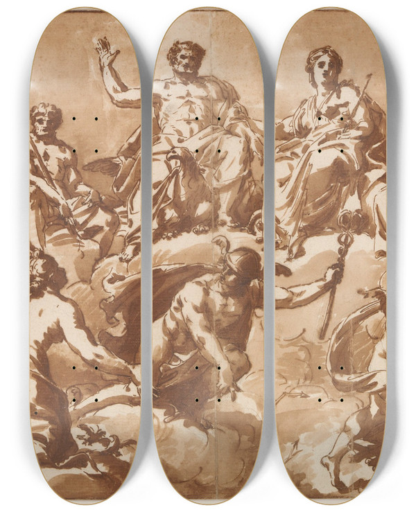 Triptych art skateboard deck of Giacomo Zoboli Council Of The Gods by Giacomo Zoboli (1681-1767)