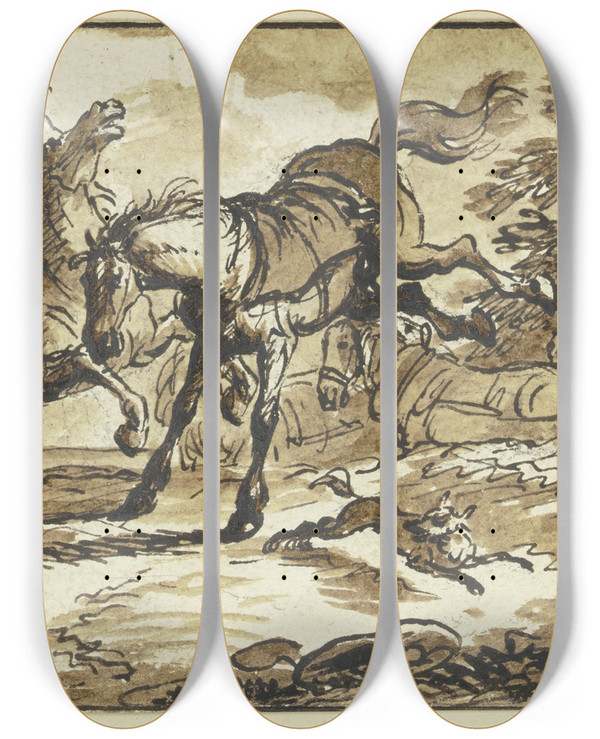 Triptych art skateboard deck of Ferdinand Kobell Reiter Mit Zwei Handpferden Eines Schlgt Aus Im Hintergrund Ein Fuhrwerk Und Andere Reiter by Ferdinand Kobell (1740-1799)