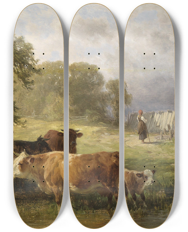 Triptych art skateboard deck of Friedrich Voltz Rast Der Kuhherde by Friedrich Voltz (1817-1886)