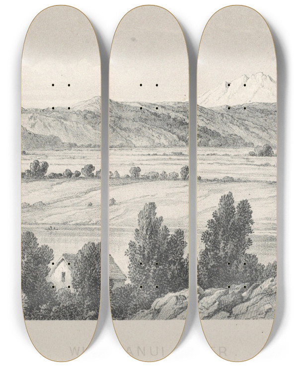Triptych art skateboard deck of Charles Decimus Barraud New Zealand Graphic And Descriptive Plate I Whanganui River by Charles Decimus Barraud (1822-1897)
