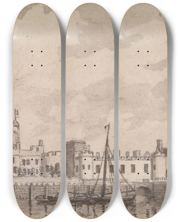 Triptych art skateboard deck of Samuel Wale The Tower Of London by Samuel Wale (1721-1786)