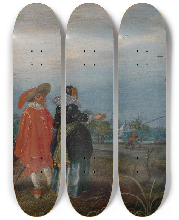 Triptych art skateboard deck of Adriaen Pietersz Van De Venne Autumn Conversation by Adriaen Pietersz Van De Venne (1589-1662)