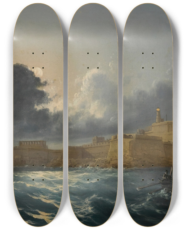 Triptych art skateboard deck of Luigi Galea View Of Fort Ricasoli Malta by Luigi Galea (1847-1917)