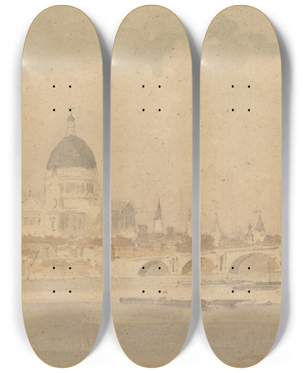 Triptych art skateboard deck of Amelia Long St Pauls And Blackfriars Bridge by Amelia Long